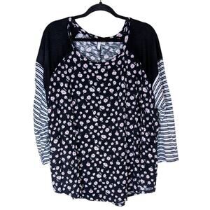 Womens Cato Size 26/28W Black Pink Floral Striped Raglan Sleeve Top Baseball